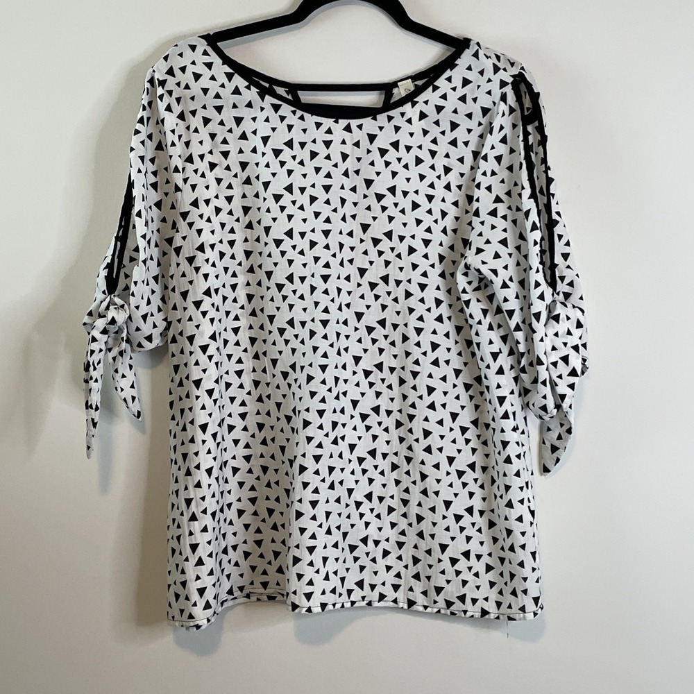 Cubism Large Black White Geometric Print Tunic‎ Top Tie Sleeve Blouse